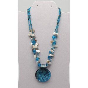 Handcrafted Blue Glass Pendant Necklace Beads Shell Accents By Cookie Johnson